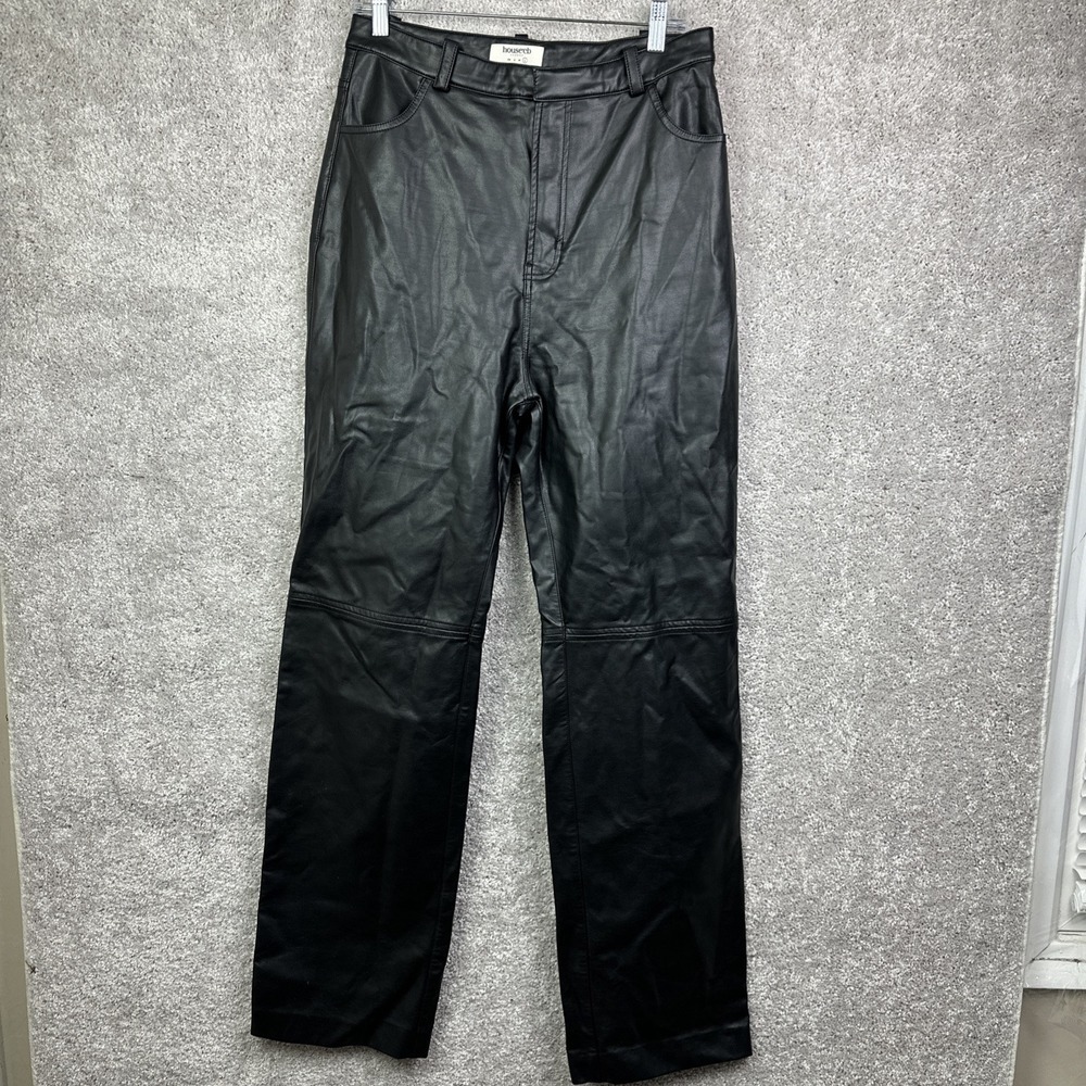 House of CB Black Faux Leather Straight Leg Trousers with Knee Seams